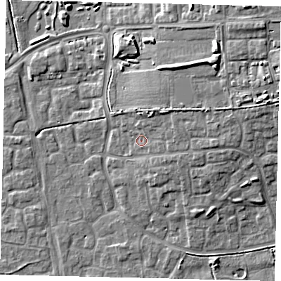 Shaded relief map of the ground around HU73EE, computed from Environment Agency LiDAR. The ground here sits at about 4 m above sea level and falls 12 m across the surrounding 800 m. Surface water reaching this point runs off ground lying to the north-east, 4.3 m higher.