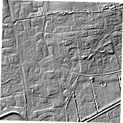 Shaded relief map of the ground around HU73EF, computed from Environment Agency LiDAR. The ground here sits at about 2 m above sea level and falls 12 m across the surrounding 800 m. Surface water reaching this point runs off ground lying to the north-north-east, 4.1 m higher.