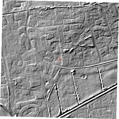 Shaded relief map of the ground around HU73EG, computed from Environment Agency LiDAR. The ground here sits at about 2 m above sea level and falls 11 m across the surrounding 800 m. Surface water reaching this point runs off ground lying to the north-north-east, 5.7 m higher.
