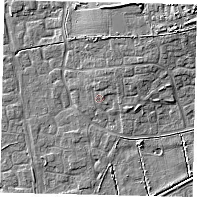 Shaded relief map of the ground around HU73EH, computed from Environment Agency LiDAR. The ground here sits at about 3 m above sea level and falls 13 m across the surrounding 800 m. Surface water reaching this point runs off ground lying to the north-north-east, 3.0 m higher.