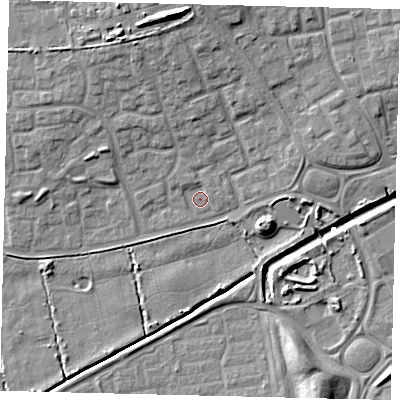 Shaded relief map of the ground around HU73EJ, computed from Environment Agency LiDAR. The ground here sits at about 3 m above sea level and falls 13 m across the surrounding 800 m. Surface water reaching this point runs off ground lying to the north, 3.1 m higher.