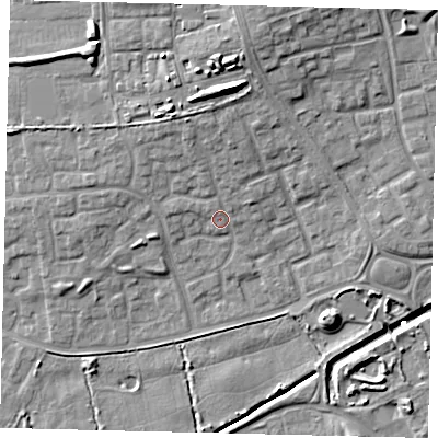 Shaded relief map of the ground around HU73EL, computed from Environment Agency LiDAR. The ground here sits at about 5 m above sea level and falls 13 m across the surrounding 800 m. Surface water reaching this point runs off ground lying to the north-north-east, 3.4 m higher.