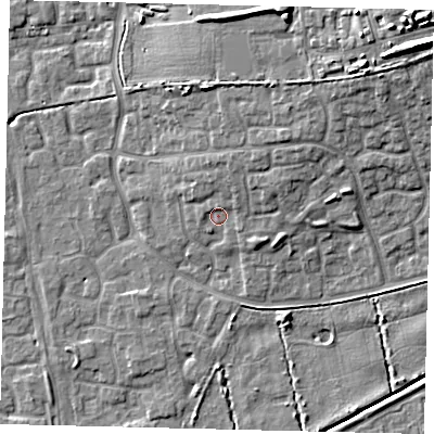 Shaded relief map of the ground around HU73EQ, computed from Environment Agency LiDAR. The ground here sits at about 3 m above sea level and falls 13 m across the surrounding 800 m. Surface water reaching this point runs off ground lying to the north-north-east, 2.2 m higher.