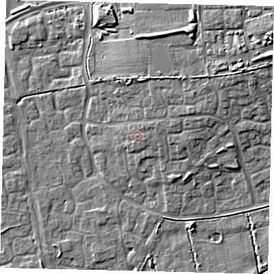 Shaded relief map of the ground around HU73ER, computed from Environment Agency LiDAR. The ground here sits at about 4 m above sea level and falls 13 m across the surrounding 800 m. Surface water reaching this point runs off ground lying to the east-north-east, 1.3 m higher.