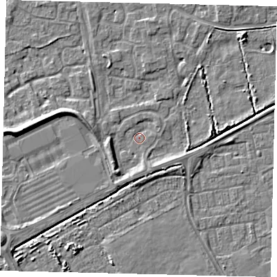 Shaded relief map of the ground around HU73EU, computed from Environment Agency LiDAR. The ground here sits at about 1 m above sea level and falls 6 m across the surrounding 800 m. Surface water reaching this point runs off ground lying to the south-west, 2.3 m higher.