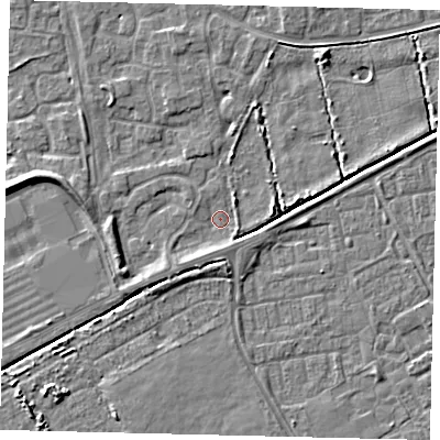 Shaded relief map of the ground around HU73EX, computed from Environment Agency LiDAR. The ground here sits at about 1 m above sea level and falls 5 m across the surrounding 800 m. Surface water reaching this point runs off ground lying to the west, 2.7 m higher.
