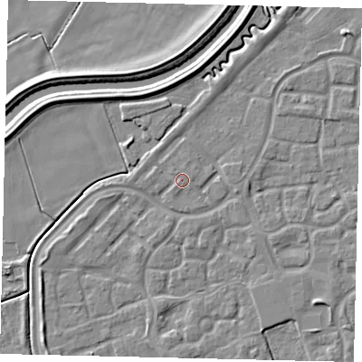 Shaded relief map of the ground around HU73FB, computed from Environment Agency LiDAR. The ground here sits at about 2 m above sea level and falls 5 m across the surrounding 800 m. Surface water reaching this point runs off ground lying to the south, 1.3 m higher.