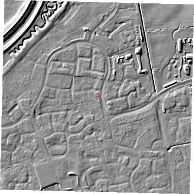 Shaded relief map of the ground around HU73FD, computed from Environment Agency LiDAR. The ground here sits at about 2 m above sea level and falls 5 m across the surrounding 800 m. Surface water reaching this point runs off ground lying to the east-south-east, 1.9 m higher.