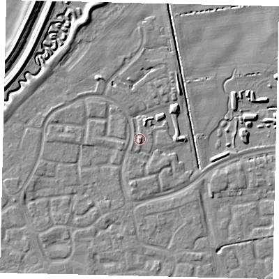 Shaded relief map of the ground around HU73FF, computed from Environment Agency LiDAR. The ground here sits at about 3 m above sea level and falls 7 m across the surrounding 800 m. Surface water reaching this point runs off ground lying to the south, 1.5 m higher.