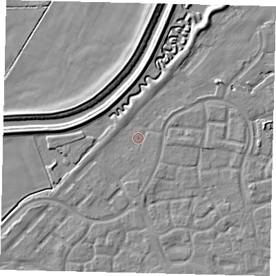 Shaded relief map of the ground around HU73FJ, computed from Environment Agency LiDAR. The ground here sits at about 2 m above sea level and falls 5 m across the surrounding 800 m. Surface water reaching this point runs off ground lying to the south-west, 2.0 m higher.