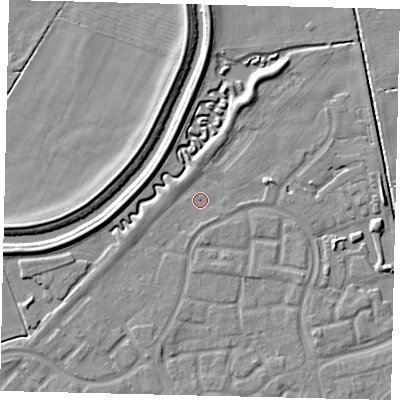 Shaded relief map of the ground around HU73FL, computed from Environment Agency LiDAR. The ground here sits at about 2 m above sea level and falls 5 m across the surrounding 800 m. Surface water reaching this point runs off ground lying to the north-north-east, 3.4 m higher.