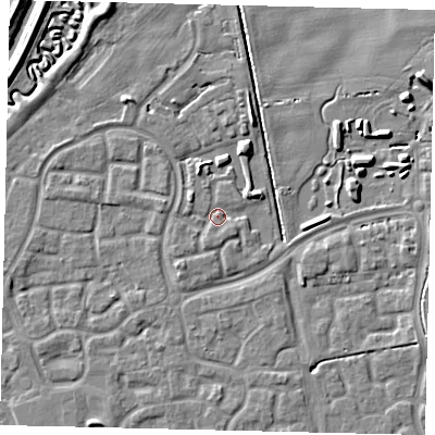 Shaded relief map of the ground around HU73FN, computed from Environment Agency LiDAR. The ground here sits at about 2 m above sea level and falls 7 m across the surrounding 800 m. Surface water reaching this point runs off ground lying to the west-north-west, 1.7 m higher.