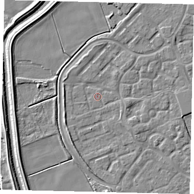 Shaded relief map of the ground around HU73FP, computed from Environment Agency LiDAR. The ground here sits at about 2 m above sea level and falls 5 m across the surrounding 800 m. Surface water reaching this point runs off ground lying to the north, 0.7 m higher.