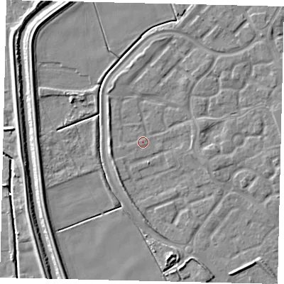Shaded relief map of the ground around HU73FQ, computed from Environment Agency LiDAR. The ground here sits at about 2 m above sea level and falls 5 m across the surrounding 800 m. Surface water reaching this point runs off ground lying to the north, 0.5 m higher.