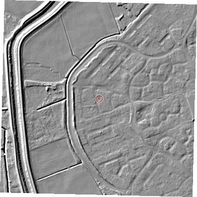 Shaded relief map of the ground around HU73FR, computed from Environment Agency LiDAR. The ground here sits at about 2 m above sea level and falls 5 m across the surrounding 800 m. Surface water reaching this point runs off ground lying to the north-west, 2.1 m higher.