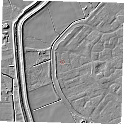 Shaded relief map of the ground around HU73FS, computed from Environment Agency LiDAR. The ground here sits at about 2 m above sea level and falls 7 m across the surrounding 800 m. Surface water reaching this point runs off ground lying to the west-north-west, 2.2 m higher.