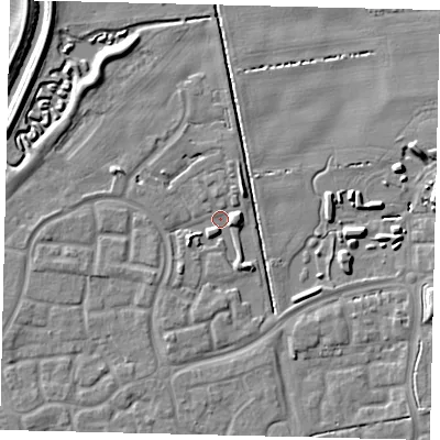 Shaded relief map of the ground around HU73FT, computed from Environment Agency LiDAR. The ground here sits at about 1 m above sea level and falls 7 m across the surrounding 800 m. Surface water reaching this point runs off ground lying to the east, 3.5 m higher.