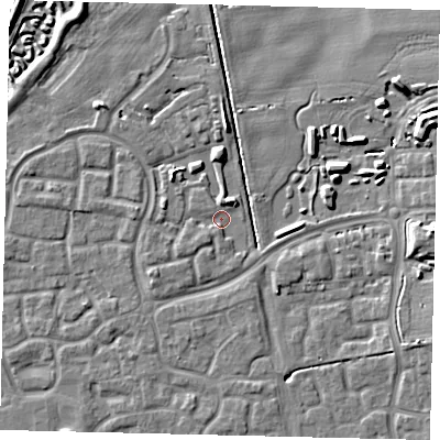 Shaded relief map of the ground around HU73FU, computed from Environment Agency LiDAR. The ground here sits at about 2 m above sea level and falls 9 m across the surrounding 800 m. Surface water reaching this point runs off ground lying to the west-north-west, 1.7 m higher.
