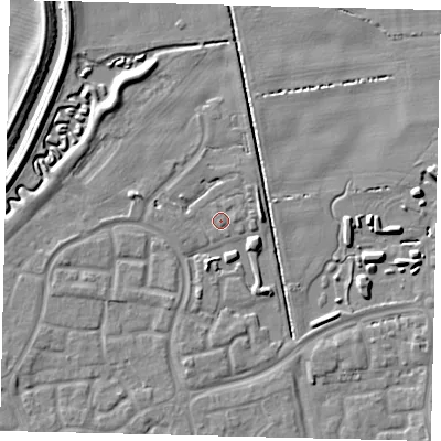 Shaded relief map of the ground around HU73FW, computed from Environment Agency LiDAR. The ground here sits at about 2 m above sea level and falls 7 m across the surrounding 800 m. Surface water reaching this point runs off ground lying to the east-south-east, 3.5 m higher.