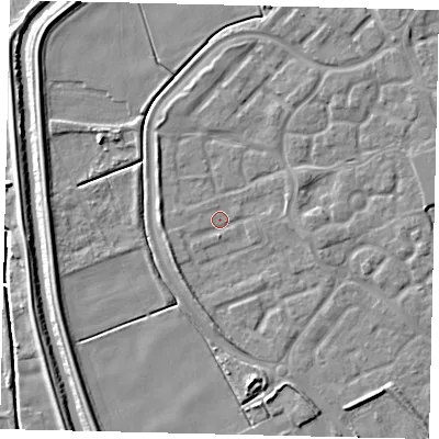 Shaded relief map of the ground around HU73FY, computed from Environment Agency LiDAR. The ground here sits at about 1 m above sea level and falls 5 m across the surrounding 800 m. Surface water reaching this point runs off ground lying to the north-west, 2.6 m higher.