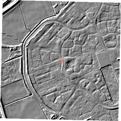 Shaded relief map of the ground around HU73FZ, computed from Environment Agency LiDAR. The ground here sits at about 2 m above sea level and falls 5 m across the surrounding 800 m. Surface water reaching this point runs off ground lying to the east, 1.1 m higher.