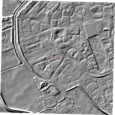 Shaded relief map of the ground around HU73GA, computed from Environment Agency LiDAR. The ground here sits at about 2 m above sea level and falls 5 m across the surrounding 800 m. Surface water reaching this point runs off ground lying to the north-west, 2.6 m higher.