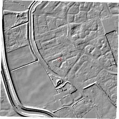 Shaded relief map of the ground around HU73GB, computed from Environment Agency LiDAR. The ground here sits at about 2 m above sea level and falls 5 m across the surrounding 800 m. Surface water reaching this point runs off ground lying to the west-south-west, 2.3 m higher.