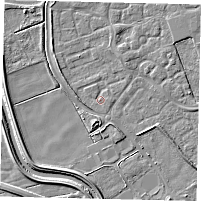 Shaded relief map of the ground around HU73GD, computed from Environment Agency LiDAR. The ground here sits at about 2 m above sea level and falls 5 m across the surrounding 800 m. Surface water reaching this point runs off ground lying to the east, 1.1 m higher.