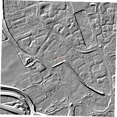 Shaded relief map of the ground around HU73GE, computed from Environment Agency LiDAR. The ground here sits at about 2 m above sea level and falls 7 m across the surrounding 800 m. Surface water reaching this point runs off ground lying to the south-east, 3.7 m higher.