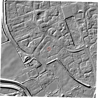 Shaded relief map of the ground around HU73GF, computed from Environment Agency LiDAR. The ground here sits at about 1 m above sea level and falls 5 m across the surrounding 800 m. Surface water reaching this point runs off ground lying to the north-west, 2.6 m higher.