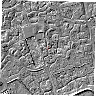 Shaded relief map of the ground around HU73GG, computed from Environment Agency LiDAR. The ground here sits at about 2 m above sea level and falls 4 m across the surrounding 800 m. Surface water reaching this point runs off ground lying to the east, 1.8 m higher.