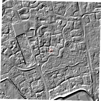 Shaded relief map of the ground around HU73GH, computed from Environment Agency LiDAR. The ground here sits at about 2 m above sea level and falls 4 m across the surrounding 800 m. Surface water reaching this point runs off ground lying to the east-north-east, 1.4 m higher.