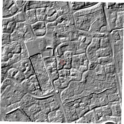 Shaded relief map of the ground around HU73GJ, computed from Environment Agency LiDAR. The ground here sits at about 2 m above sea level and falls 4 m across the surrounding 800 m. Surface water reaching this point runs off ground lying to the west, 1.1 m higher.