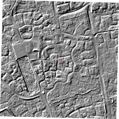 Shaded relief map of the ground around HU73GL, computed from Environment Agency LiDAR. The ground here sits at about 2 m above sea level and falls 3 m across the surrounding 800 m. Surface water reaching this point runs off ground lying to the east-south-east, 1.8 m higher.