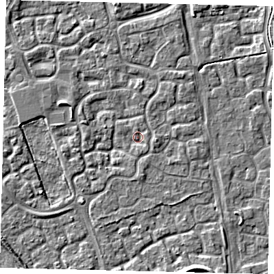 Shaded relief map of the ground around HU73GN, computed from Environment Agency LiDAR. The ground here sits at about 1 m above sea level and falls 4 m across the surrounding 800 m. Surface water reaching this point runs off ground lying to the east-south-east, 1.4 m higher.