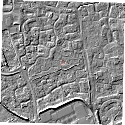 Shaded relief map of the ground around HU73GQ, computed from Environment Agency LiDAR. The ground here sits at about 2 m above sea level and falls 4 m across the surrounding 800 m. Surface water reaching this point runs off ground lying to the west-north-west, 0.8 m higher.