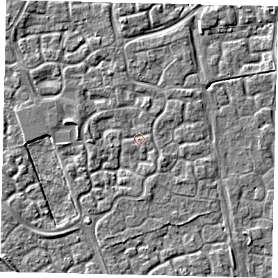 Shaded relief map of the ground around HU73GR, computed from Environment Agency LiDAR. The ground here sits at about 2 m above sea level and falls 4 m across the surrounding 800 m. Surface water reaching this point runs off ground lying to the south-east, 1.8 m higher.