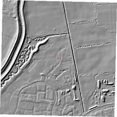 Shaded relief map of the ground around HU73GX, computed from Environment Agency LiDAR. The ground here sits at about 2 m above sea level and falls 6 m across the surrounding 800 m. Surface water reaching this point runs off ground lying to the east-north-east, 1.7 m higher.