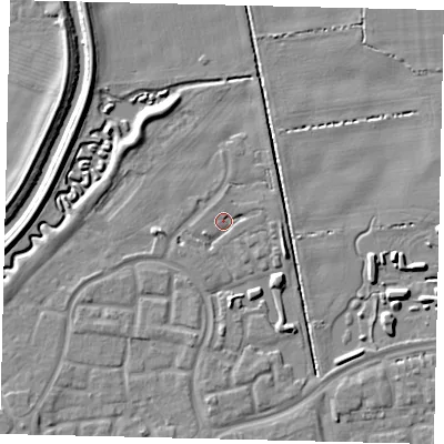 Shaded relief map of the ground around HU73GZ, computed from Environment Agency LiDAR. The ground here sits at about 2 m above sea level and falls 6 m across the surrounding 800 m. Surface water reaching this point runs off ground lying to the west, 2.4 m higher.