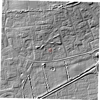 Shaded relief map of the ground around HU73HB, computed from Environment Agency LiDAR. The ground here sits at about 3 m above sea level and falls 13 m across the surrounding 800 m. Surface water reaching this point runs off ground lying to the north, 4.4 m higher.
