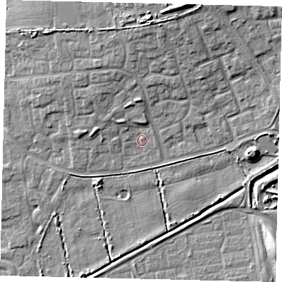Shaded relief map of the ground around HU73HD, computed from Environment Agency LiDAR. The ground here sits at about 2 m above sea level and falls 13 m across the surrounding 800 m. Surface water reaching this point runs off ground lying to the north, 3.8 m higher.