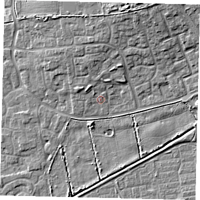Shaded relief map of the ground around HU73HE, computed from Environment Agency LiDAR. The ground here sits at about 2 m above sea level and falls 12 m across the surrounding 800 m. Surface water reaching this point runs off ground lying to the north-west, 2.6 m higher.
