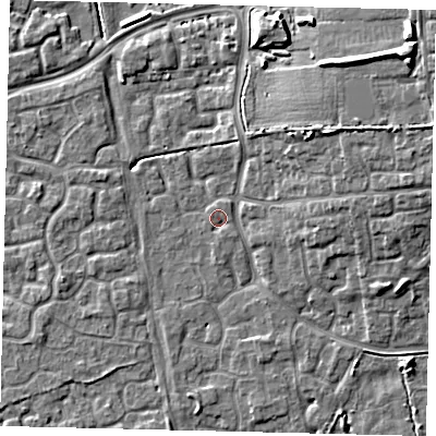 Shaded relief map of the ground around HU73HG, computed from Environment Agency LiDAR. The ground here sits at about 2 m above sea level and falls 11 m across the surrounding 800 m. Surface water reaching this point runs off ground lying to the north, 1.0 m higher.
