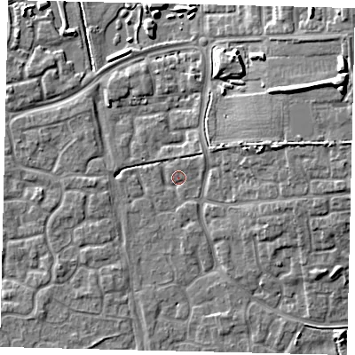 Shaded relief map of the ground around HU73HH, computed from Environment Agency LiDAR. The ground here sits at about 2 m above sea level and falls 11 m across the surrounding 800 m. Surface water reaching this point runs off ground lying to the east-north-east, 6.6 m higher.