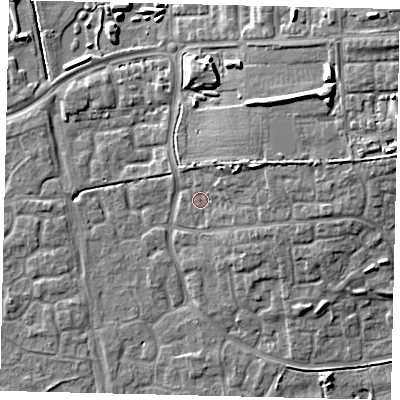 Shaded relief map of the ground around HU73HJ, computed from Environment Agency LiDAR. The ground here sits at about 3 m above sea level and falls 12 m across the surrounding 800 m. Surface water reaching this point runs off ground lying to the north-east, 3.7 m higher.