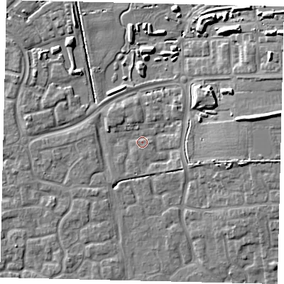 Shaded relief map of the ground around HU73HL, computed from Environment Agency LiDAR. The ground here sits at about 2 m above sea level and falls 12 m across the surrounding 800 m. Surface water reaching this point runs off ground lying to the east-north-east, 8.3 m higher.