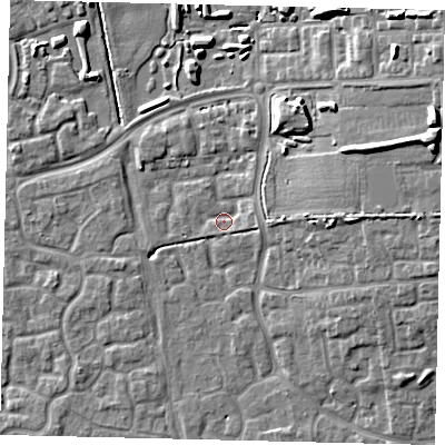 Shaded relief map of the ground around HU73HN, computed from Environment Agency LiDAR. The ground here sits at about 2 m above sea level and falls 12 m across the surrounding 800 m. Surface water reaching this point runs off ground lying to the east, 2.0 m higher.