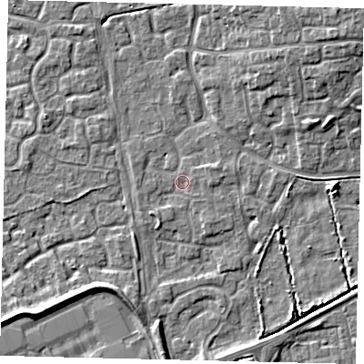 Shaded relief map of the ground around HU73HP, computed from Environment Agency LiDAR. The ground here sits at about 1 m above sea level and falls 7 m across the surrounding 800 m. Surface water reaching this point runs off ground lying to the east, 1.2 m higher.