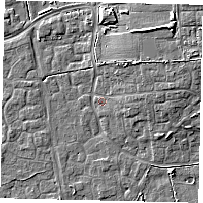 Shaded relief map of the ground around HU73HQ, computed from Environment Agency LiDAR. The ground here sits at about 2 m above sea level and falls 11 m across the surrounding 800 m. Surface water reaching this point runs off ground lying to the east-north-east, 6.1 m higher.