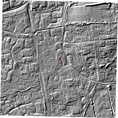 Shaded relief map of the ground around HU73HR, computed from Environment Agency LiDAR. The ground here sits at about 2 m above sea level and falls 11 m across the surrounding 800 m. Surface water reaching this point runs off ground lying to the north-east, 10.8 m higher.